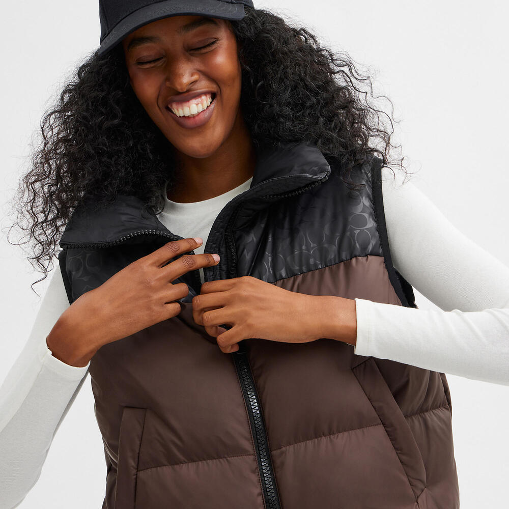 Like-New COACH Puffer Vest In Recycled Polyamide- Large Black/Brown